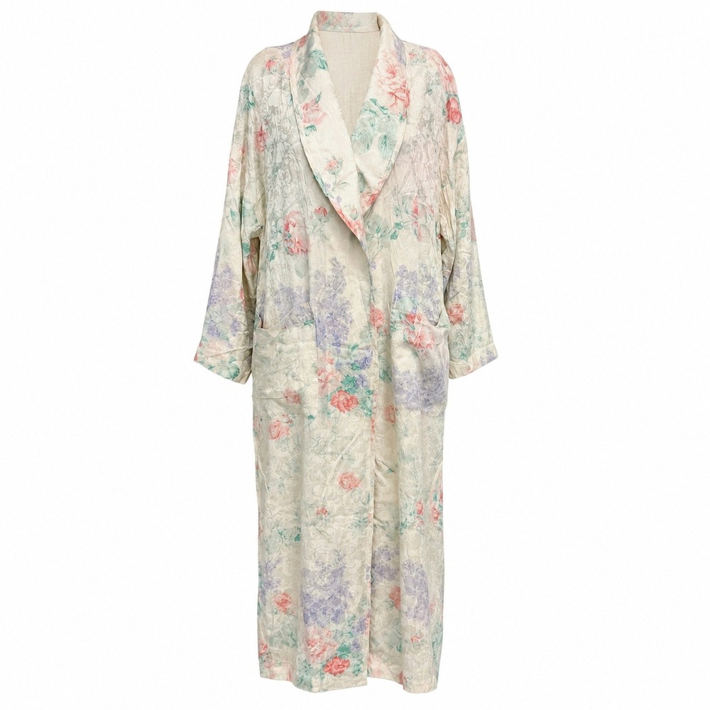 Saks Fifth Avenue Small Silk Robe Long Floral Jacquard Shawl Collar Oversized